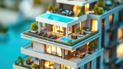 Close-up of a miniature modern condo building model with a miniature swimming pool and rooftop amenities, showcasing luxury condominium living.