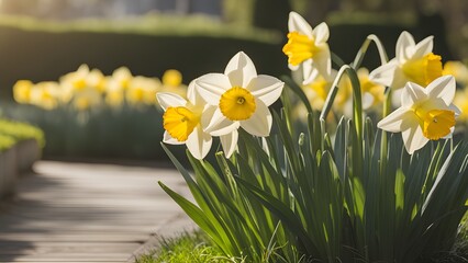 Cheerful daffodils blossoming in green garden under soft morning light