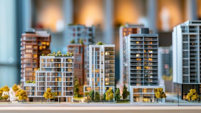 Miniature modern condo building models arranged in a row with varying heights, showcasing the diversity of housing options in urban areas.