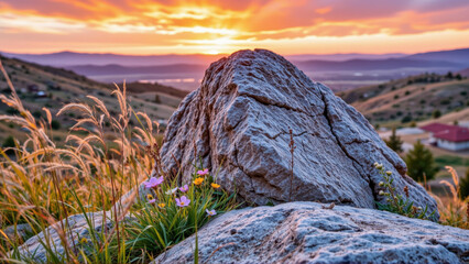 Fototapeta premium rugged rock surrounded by vibrant wildflowers in serene landscape at sunset, capturing beauty of nature and warm glow of evening sky