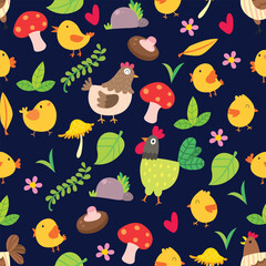 Seamless vector pattern featuring hand-drawn chickens in a playful, rustic style. Perfect for farm-themed designs, packaging, textiles, and backgrounds.