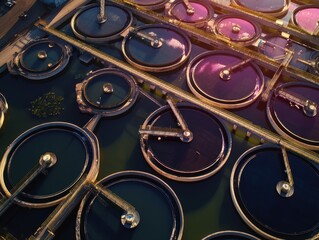 Obraz premium Aerial Serenity of Circular Water Treatment Plant Tanks with Structural Bridges at Dusk from Above