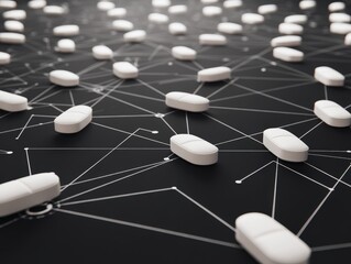 Conceptual medicine innovation digital network connecting drugs in pharmaceutical study blackground