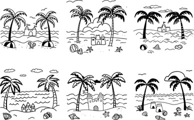 Black and white summer beach scenes doodle illustration with palm trees