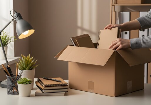 Employee putting plant and notebooks into box, preparing for relocation or leaving job. Office interior, cardboard box, packing, moving day, potted plant, notebooks, hands placing items