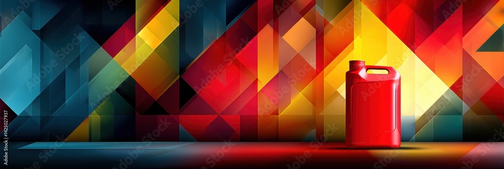 Fototapete Bright Red Jerrycan Stands out Against Colorful Geometric Background, Creating a Striking Visual Contrast in a Modern Artistic Setting