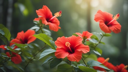 Wild red hibiscus flowers thriving in tropical woodland during daylight