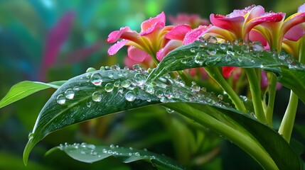 Dew Drops on Pink Plumeria Flowers - Macro photography