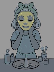 A girl's evening routine. The girl washes herself and applies a mask.In front of her is a sink surrounded by skincare products, brushes, and a lit candle. 