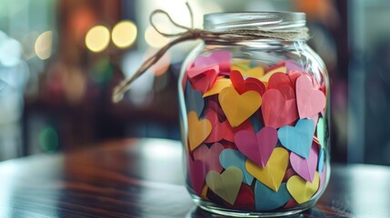 A jar filled with colorful paper hearts, each one inscribed with a loving message.