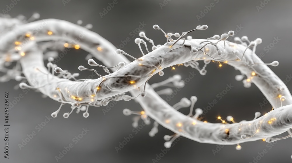 Poster white and yellow dna helix structure representing blockchain adoption concepts and distributed ledge