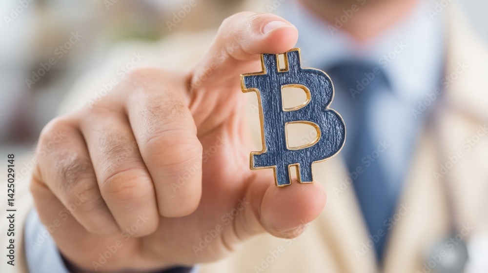 Poster man holding bitcoin symbolizing blockchain adoption and distributed ledger concepts in modern financ
