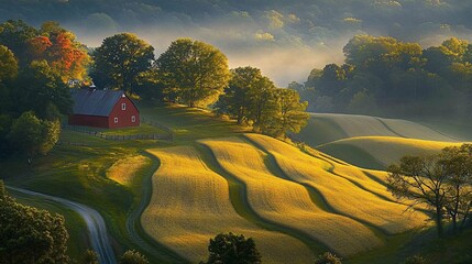 Fototapeta premium Farmhouse sits on a golden field, rural scene with trees and distant hills