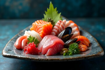 Sashimi seafood assortment on large triangle plate