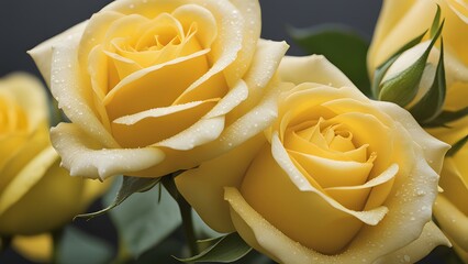 Fresh yellow roses covered with morning dew in a garden setting