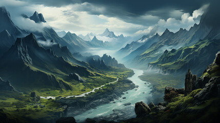 A serene river winds through a majestic, mist-shrouded valley cradled by towering, verdant mountains under a dramatic sky.