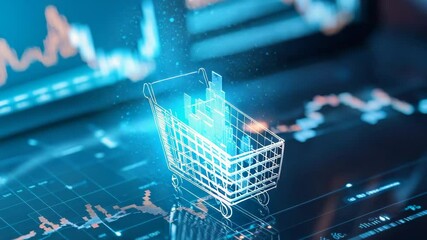 A digital representation of a shopping cart filled with data charts illustrates the intersection of commerce and technology in the evolving online shopping environment. - Powered by Adobe