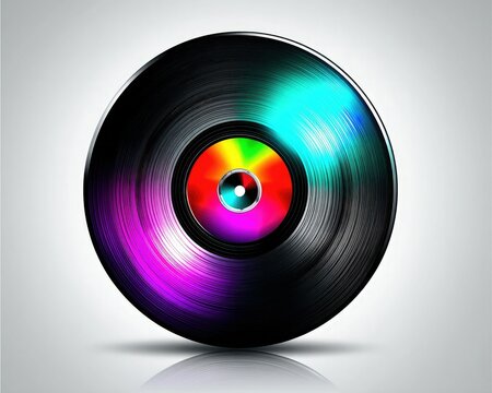 A colorful vinyl record with a glossy finish, showcasing vibrant hues and intricate patterns at the center.