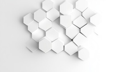 Abstract geometric pattern of white hexagons.  A 3D design of interlocking white hexagonal shapes arranged in a textured pattern on a light background.  