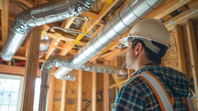 A contractor overseeing the installation of HVAC ductwork in a home.