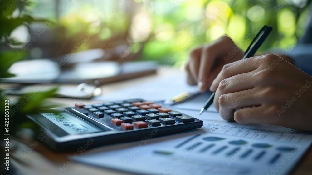Poster Close-up of hands calculating finances with calculator and pen on documents showing charts and graphs.