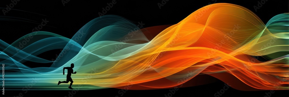 Poster Runner Moves Swiftly Through Vibrant Energy Waves in a Dynamic Abstract Landscape