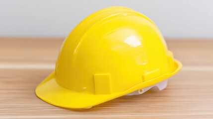 Fototapeta premium Bright yellow hard hat displayed on a construction site signifying safety and employment in infrastructure development jobs