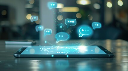 Tablet screen showing chat speech bubble holograms hovering above it, with a smartphone in the background, suggesting the ubiquity of messaging across devices.