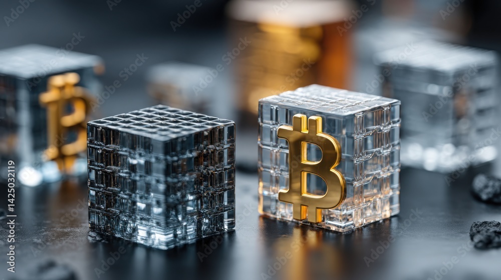 Poster bitcoin block as a fundamental component of cryptocurrency business and blockchain technology for mo