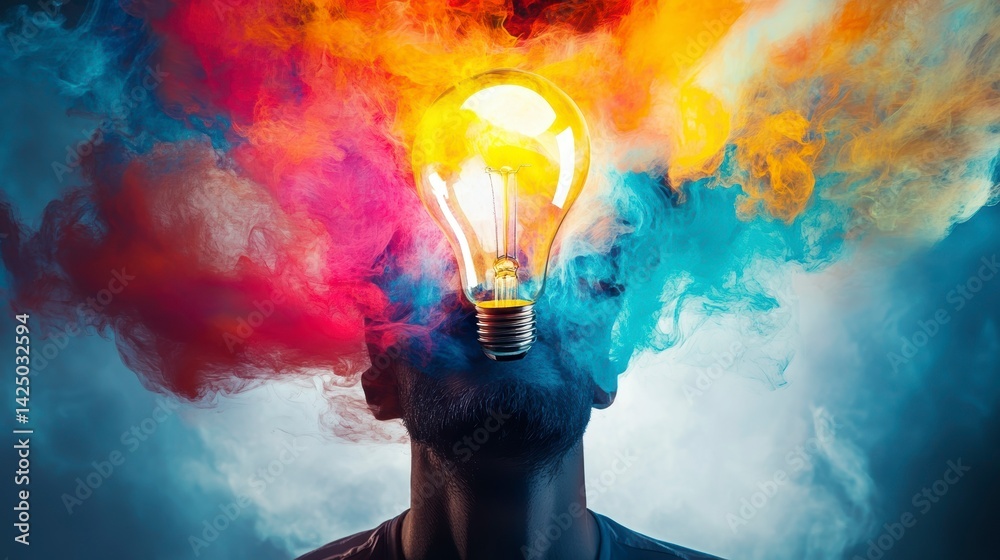 Aufkleber man's head engulfed in colorful smoke with a glowing lightbulb.