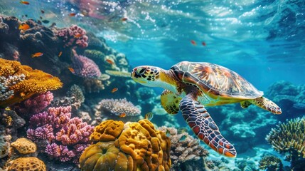 Obraz premium A majestic sea turtle gracefully gliding over a vibrant coral reef.