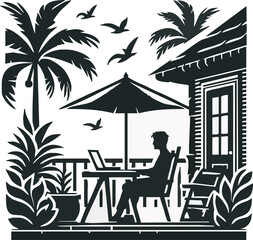 Paradise Freelancer: An individual is deeply immersed in their work, utilizing a laptop under the sheltering shade of an umbrella on a tropical patio, the serene ambiance accentuated by a palm tree.