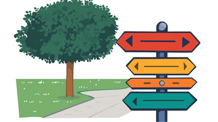 Cartoon Illustration Of A Signpost With Directional Arrows And Tree On Road