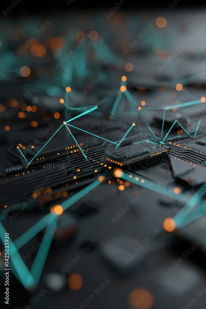 Poster Abstract high angle view of dark electronic circuit board with glowing connection network