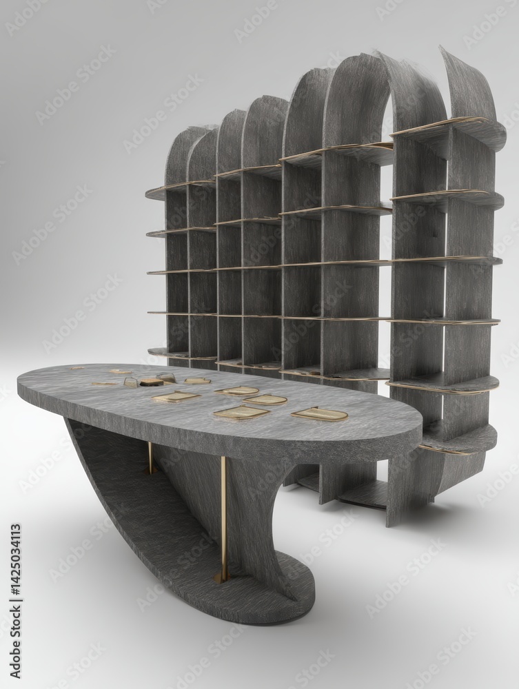 Aufkleber unique gray desk and bookcase design in modern studio setting clean background emphasizing minimalis