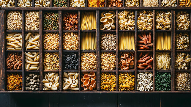 Assorted pasta types in wooden box, overhead view, dark background; food blog, cookbook, or recipe website