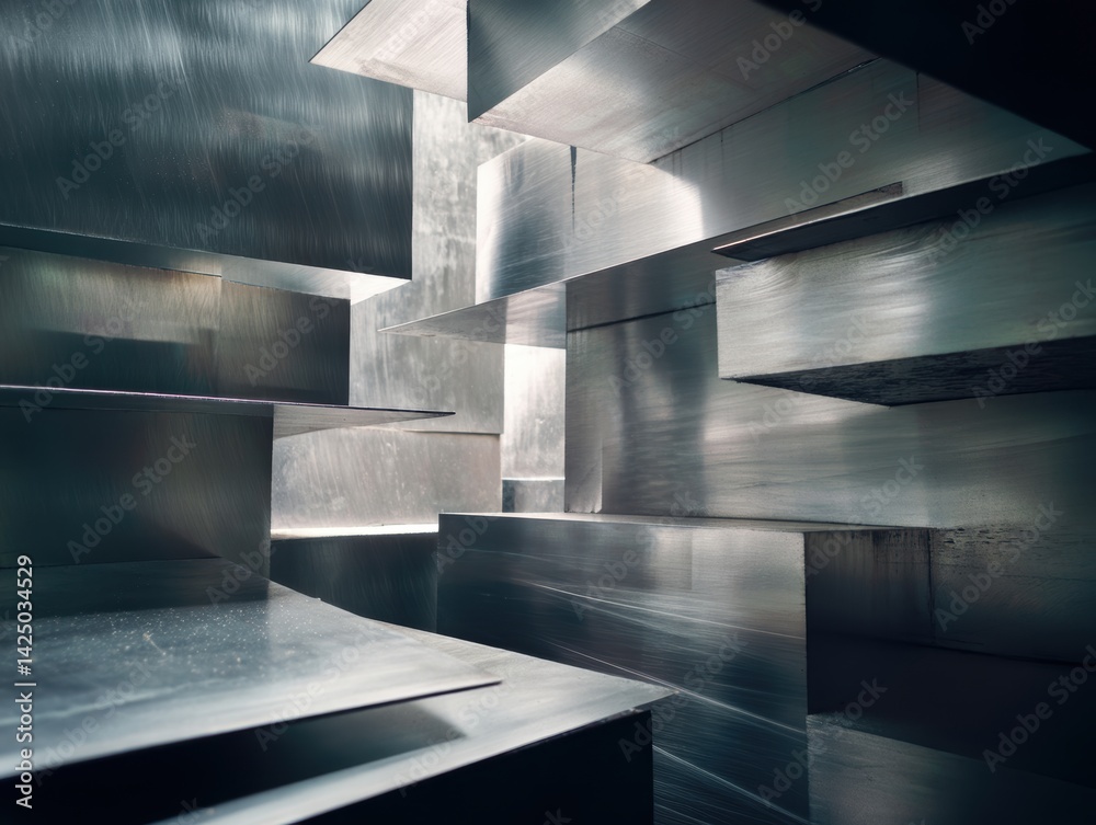 Poster steel composition abstract metallic blocks with dynamic light effects reflective surfaces and indust