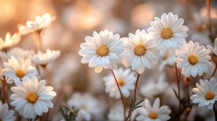 Fototapeta premium White daisy field at sunset