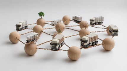 Colorful bunch of wooden toy trucks representing sustainable sourcing and eco-conscious supply chain concepts