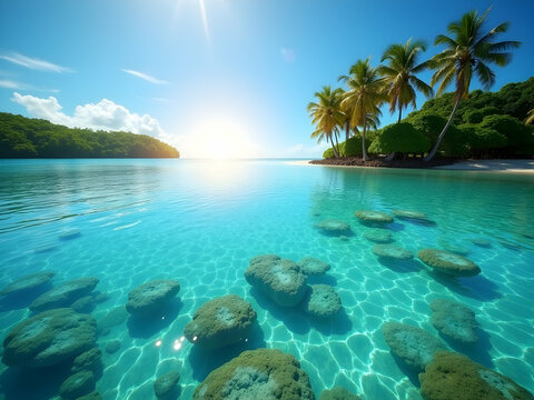 A breathtaking tropical lagoon with crystalline turquoise waters shimmering under a bright sun and scattered rocks, creating a serene and inviting coastal paradise