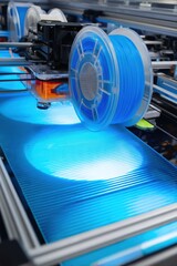 Fototapeta premium Bright Blue Filament Spool on a Modern 3D Printer Bed in an Industrial Setting Close Up Perspective