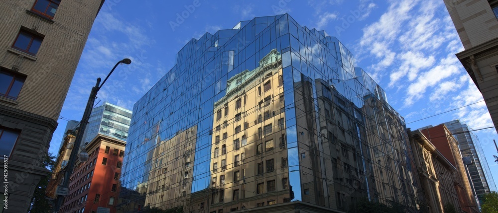 Poster modern skyscraper reflection on building facade urban architecture with sky beautiful cityscape view
