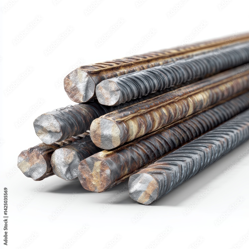 Aufkleber industrial rebar construction materials lying on a bright studio background showing rough texture