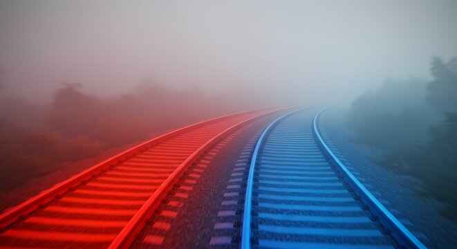Dual Tracks Vanishing in Fog: Red and Blue Railway Lines Diverging