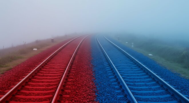 Dual Railway Tracks Vanishing into Misty Horizon: Red and Blue Ballast