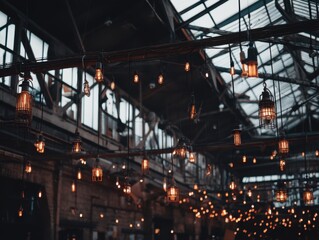 Captivating Industrial Interior View Featuring Decorative Hanging Lights in Warm Tones Illuminating Space