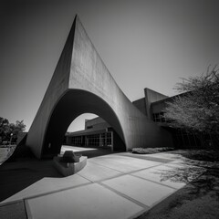 Dramatic Black and White Perspective of Modern Concrete Architecture with Sharp Angles and Bold Shadows