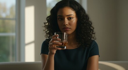 Contemplative woman with dark curly hair holding a glass of ambe