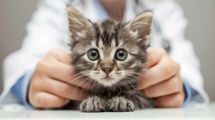 A veterinarian and a playful kitten engaging in a game of peek-a-boo.