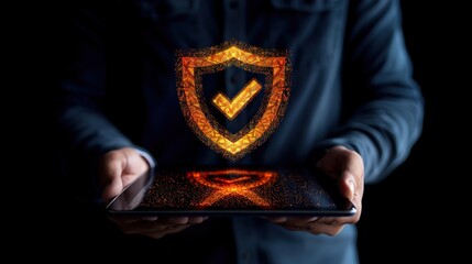 Businessman holding a tablet projecting a shield and checkmark icon, digital security 